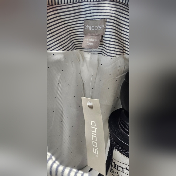 Chico’s Blue & White Striped Indigo Snap Front Jacket Roll Tab Sleeves, SZ 3 NWT - Picture 9 of 16